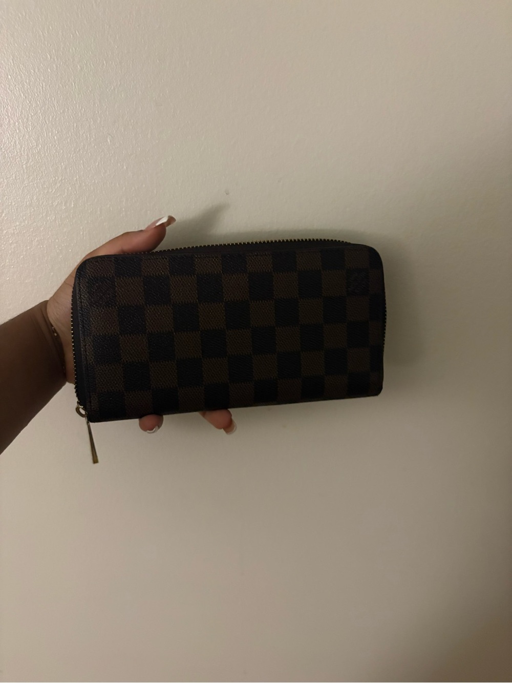 Louis Vuitton Brown Checkered Zip Wallet with Gold Zipper